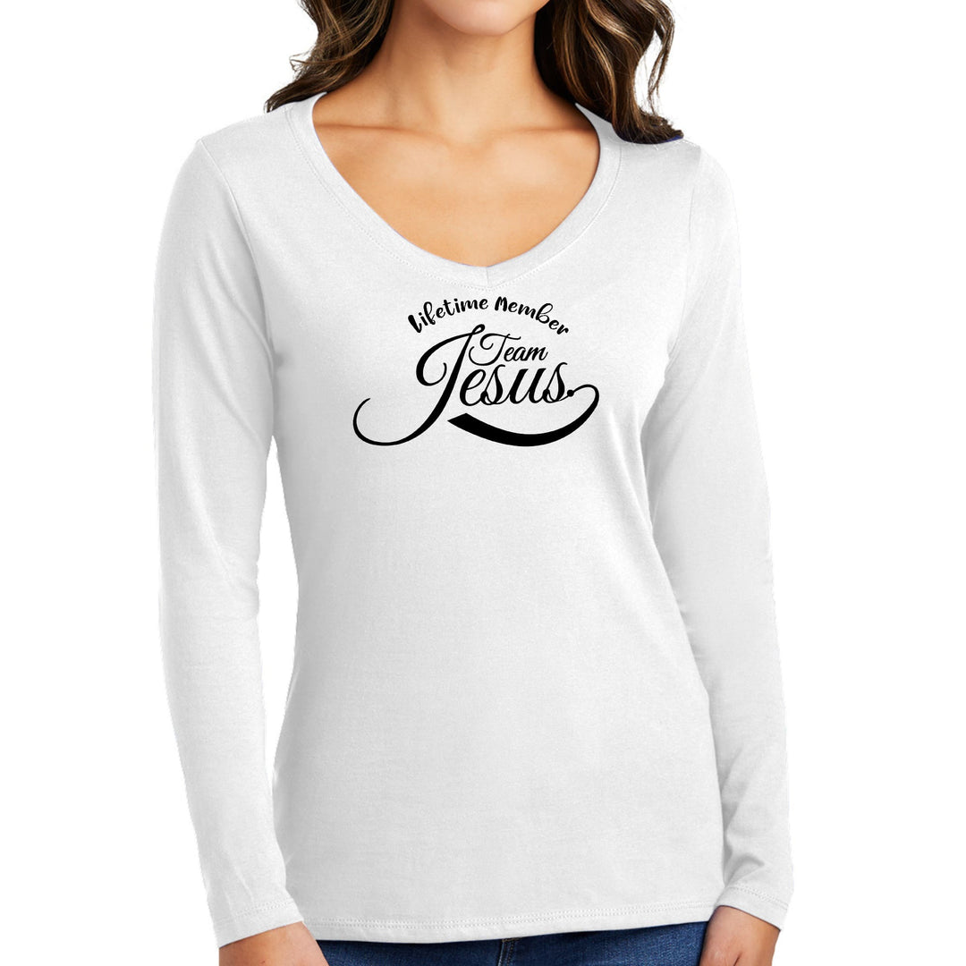 Womens Long Sleeve V-neck Graphic T-shirt Lifetime Member Team Jesus - Womens