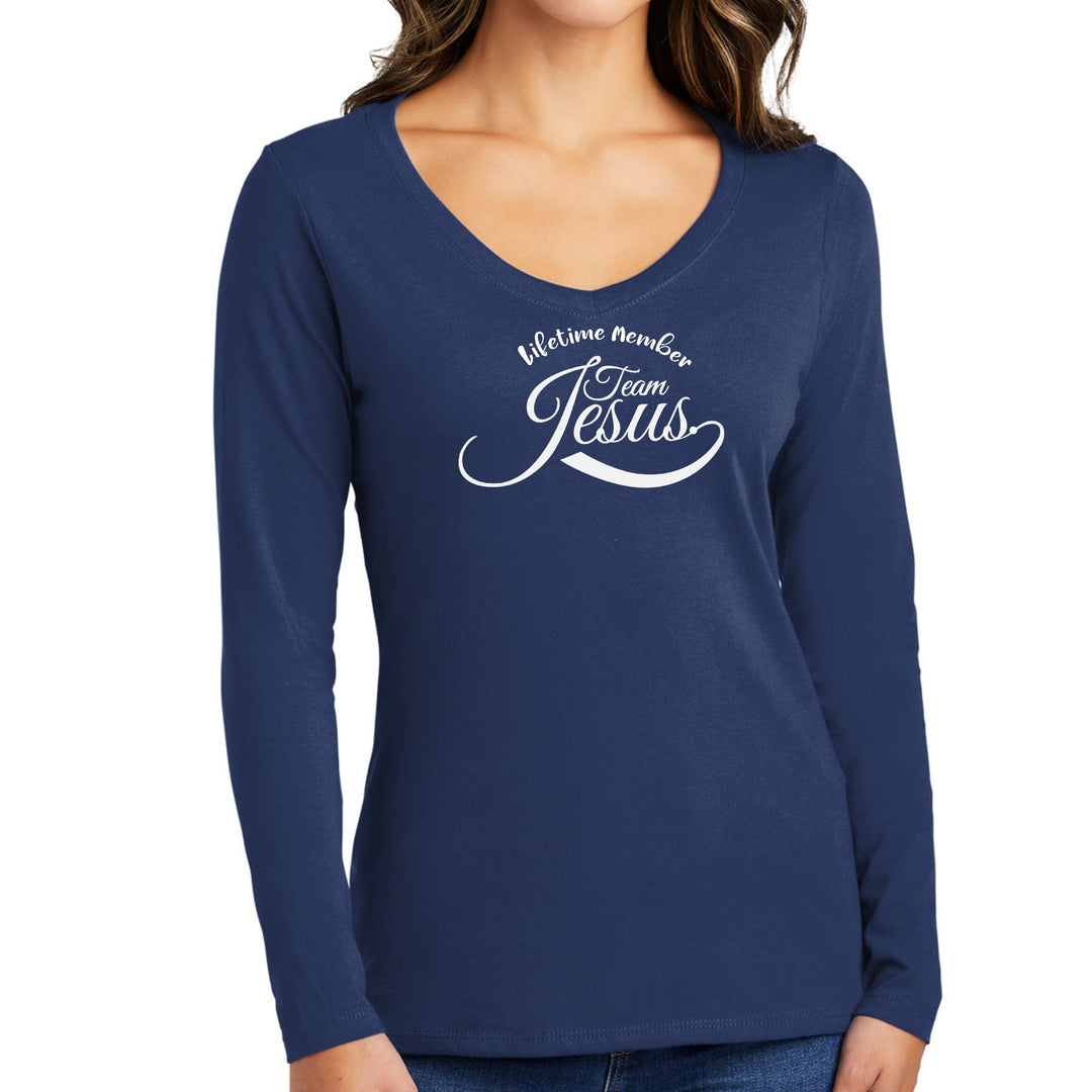 Womens Long Sleeve V-neck Graphic T-shirt - Lifetime Member Team Jesus - Womens