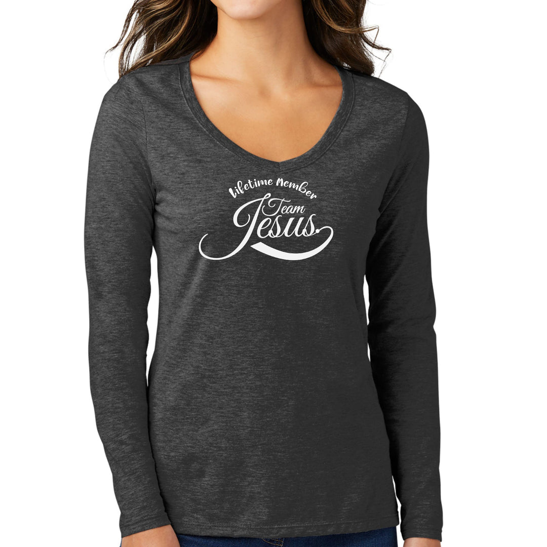 Womens Long Sleeve V-neck Graphic T-shirt - Lifetime Member Team Jesus - Womens