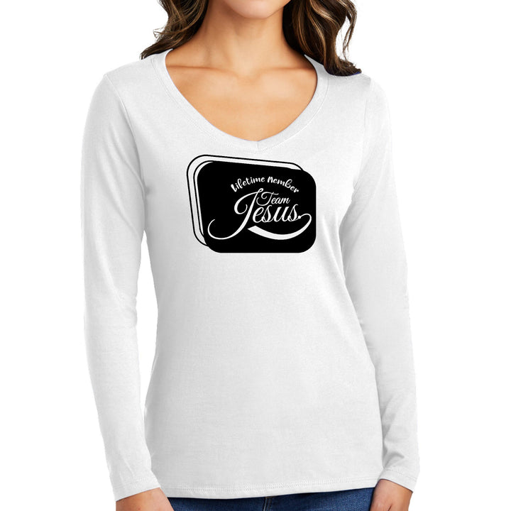 Womens Long Sleeve V-neck Graphic T-shirt - Lifetime Member Team Jesus - Womens