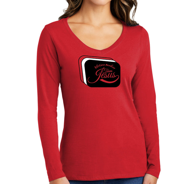 Womens Long Sleeve V-neck Graphic T-shirt Lifetime Member Team Jesus - Womens