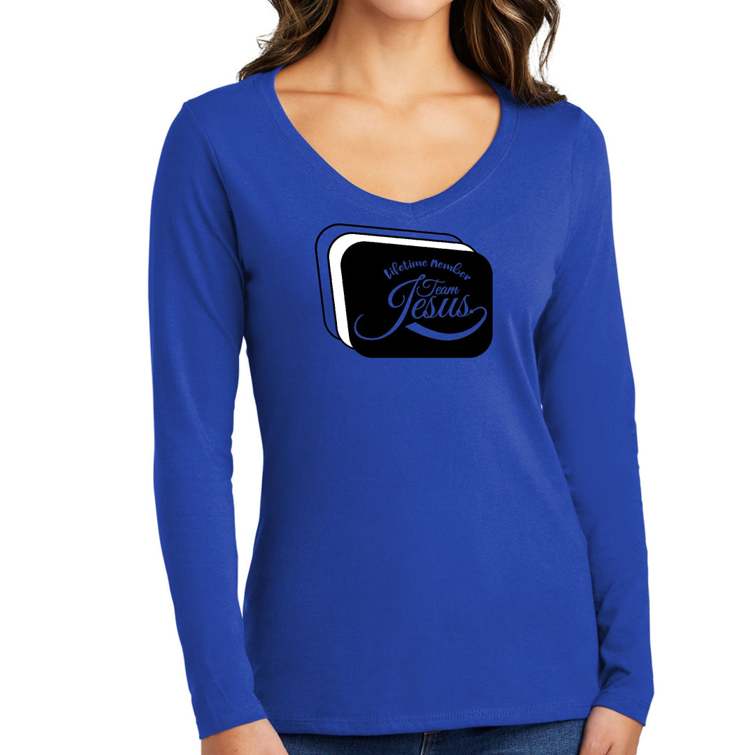 Womens Long Sleeve V-neck Graphic T-shirt Lifetime Member Team Jesus - Womens