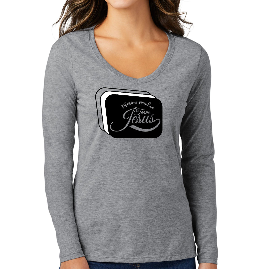 Womens Long Sleeve V-neck Graphic T-shirt Lifetime Member Team Jesus - Womens