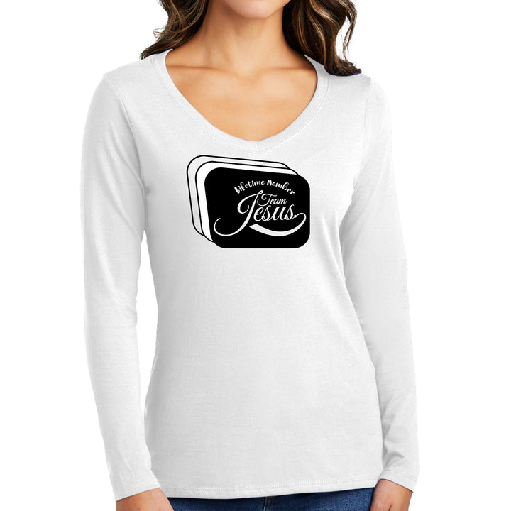 Womens Long Sleeve V-neck Graphic T-shirt Lifetime Member Team Jesus - Womens