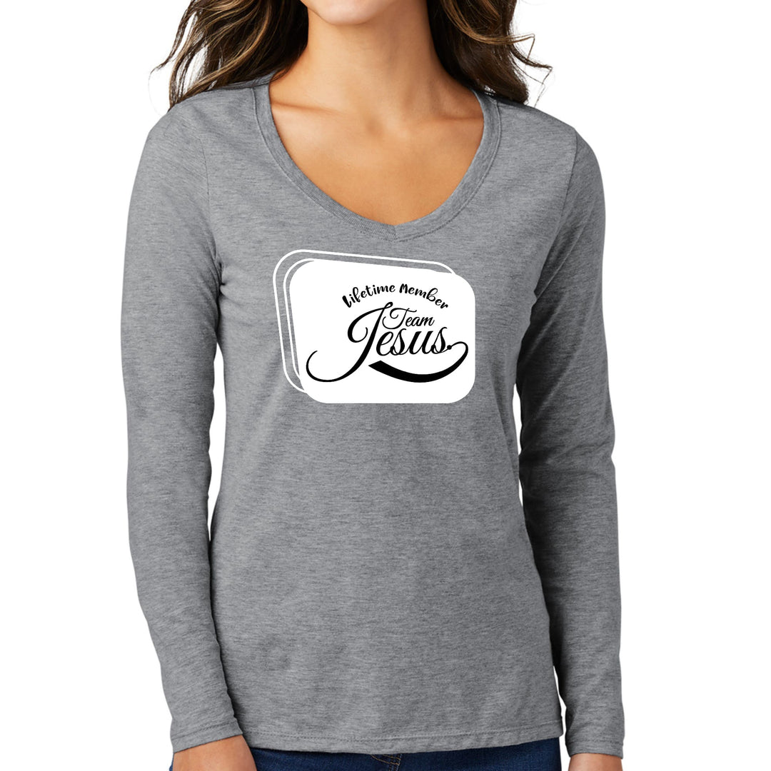 Womens Long Sleeve V-neck Graphic T-shirt Lifetime Member Team Jesus - Womens