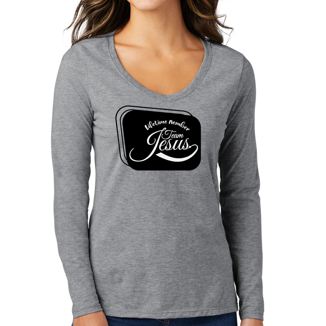 Womens Long Sleeve V-neck Graphic T-shirt - Lifetime Member Team Jesus - Womens