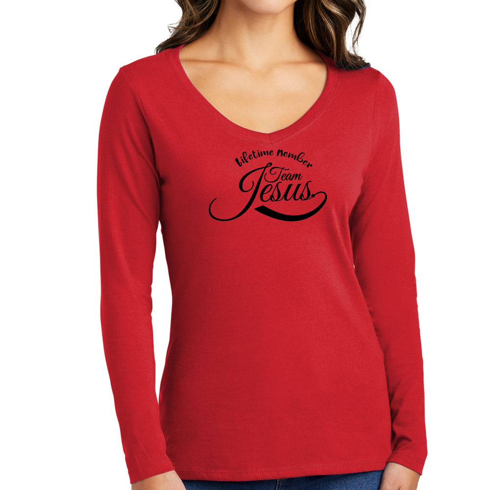 Womens Long Sleeve V-neck Graphic T-shirt Lifetime Member Team Jesus - Womens