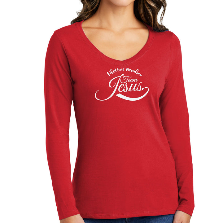 Womens Long Sleeve V-neck Graphic T-shirt - Lifetime Member Team Jesus - Womens