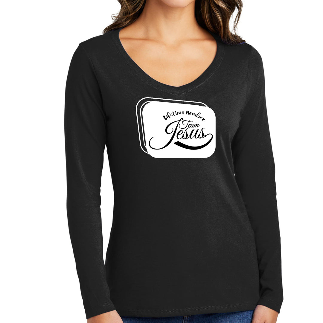 Womens Long Sleeve V-neck Graphic T-shirt Lifetime Member Team Jesus - Womens