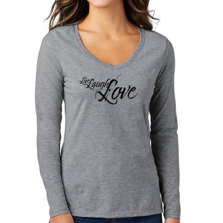 Womens Long Sleeve V-neck Graphic T-shirt - Live Laugh Love Black - Womens