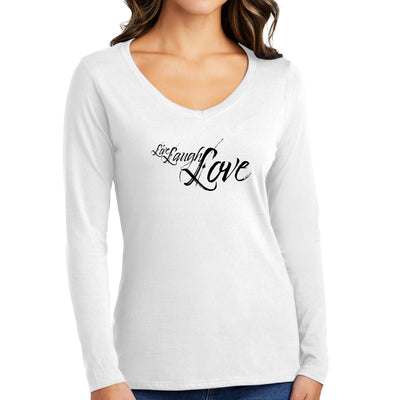 Womens Long Sleeve V - neck Graphic T - shirt Live Laugh Love Black - Womens