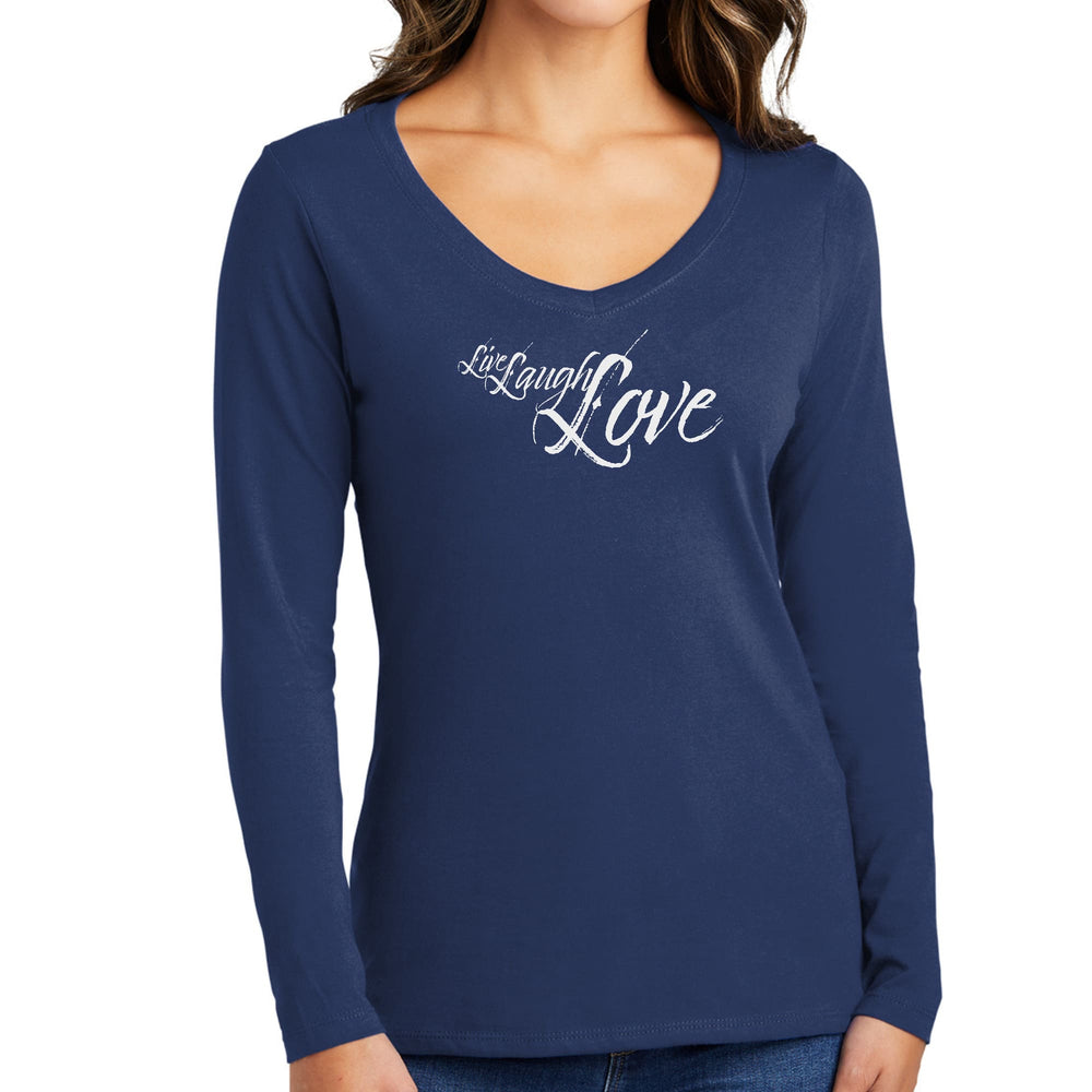 Womens Long Sleeve V-neck Graphic T-shirt Live Laugh Love Light Grey - Womens