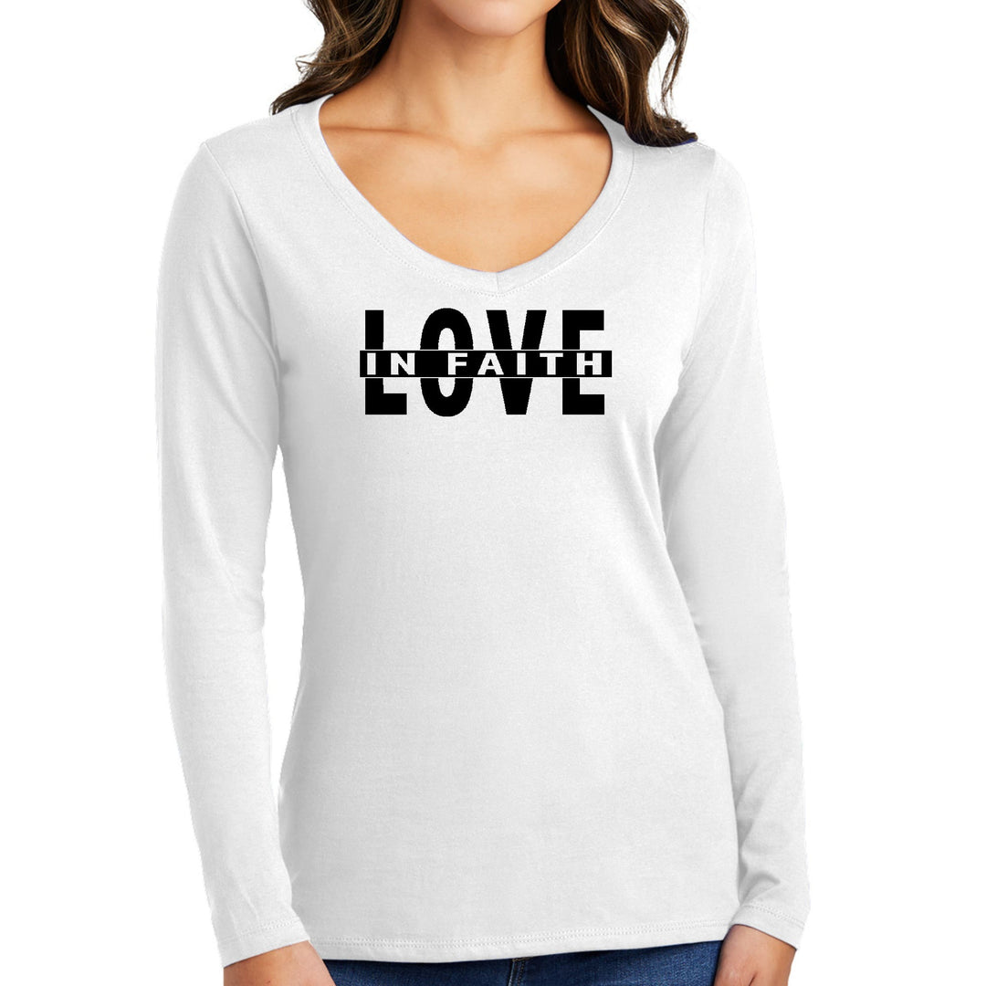 Womens Long Sleeve V-neck Graphic T-shirt Love in Faith Black - Womens