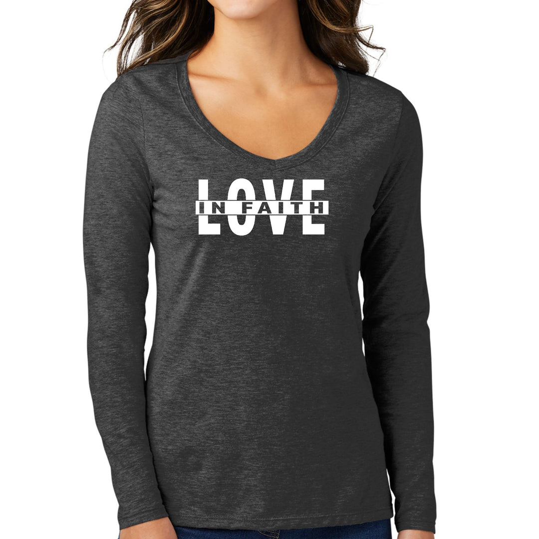 Womens Long Sleeve V-neck Graphic T-shirt Love in Faith - Womens | T-Shirts