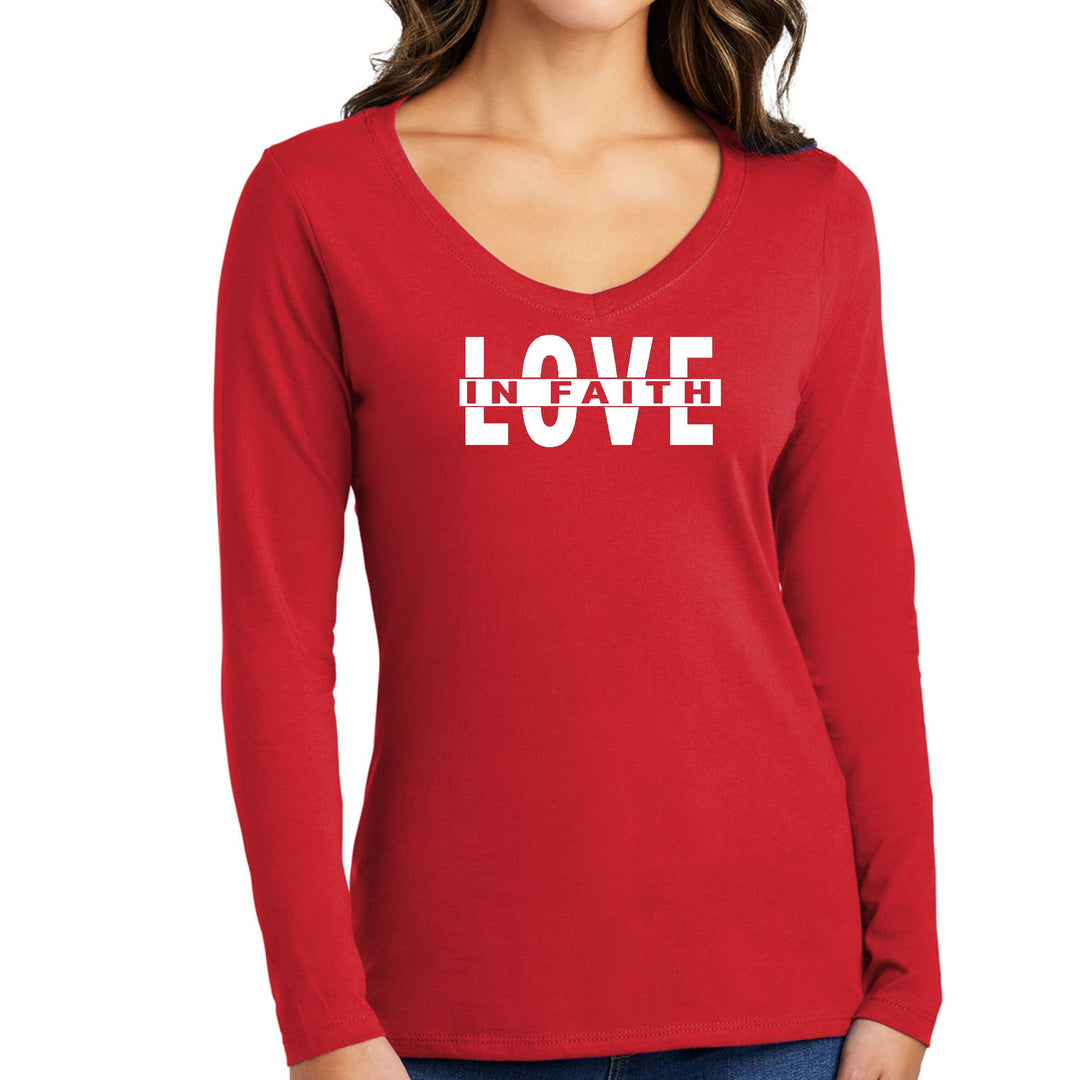 Womens Long Sleeve V-neck Graphic T-shirt Love in Faith - Womens | T-Shirts