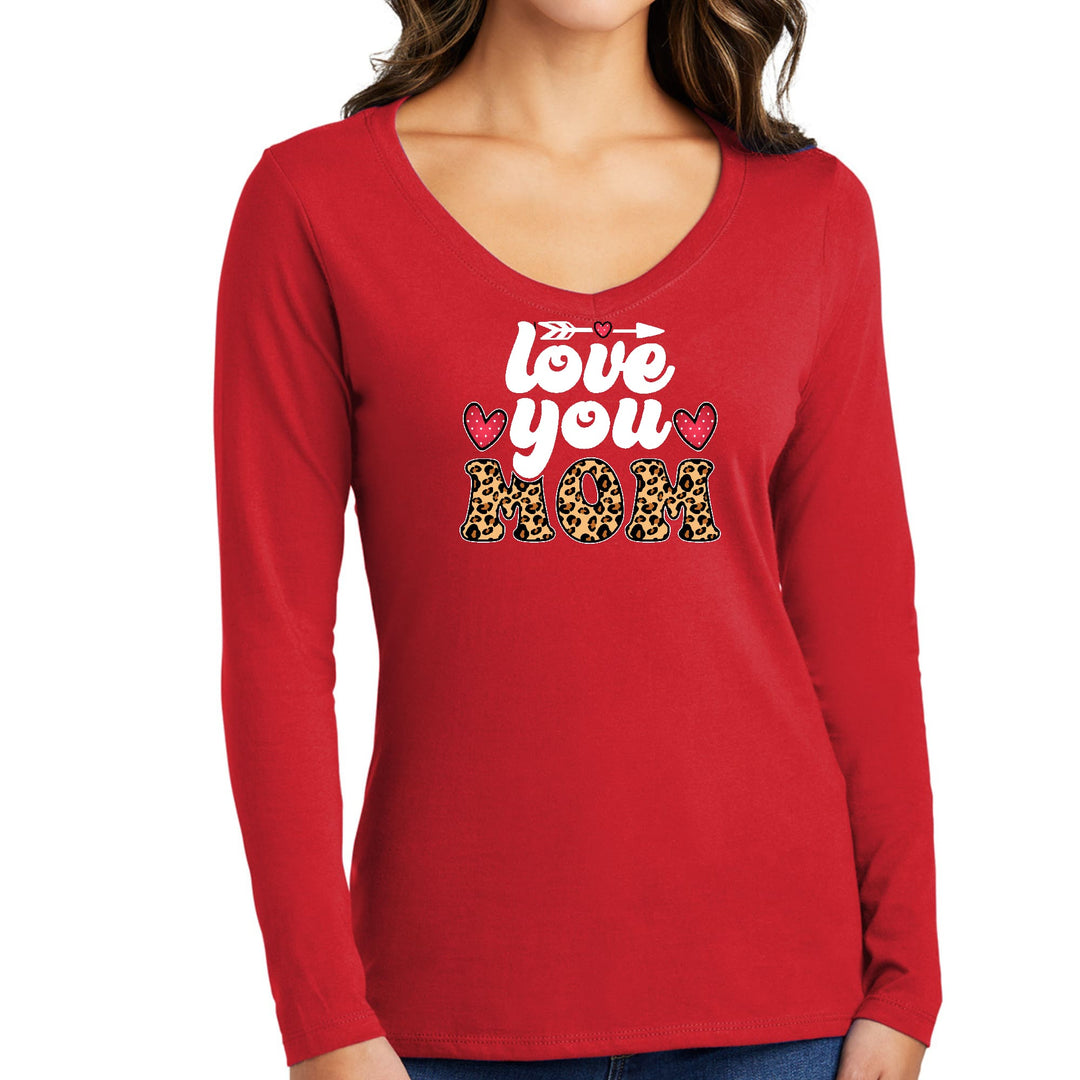 Womens Long Sleeve V-neck Graphic T-shirt Love you Mom Leopard Print - Womens