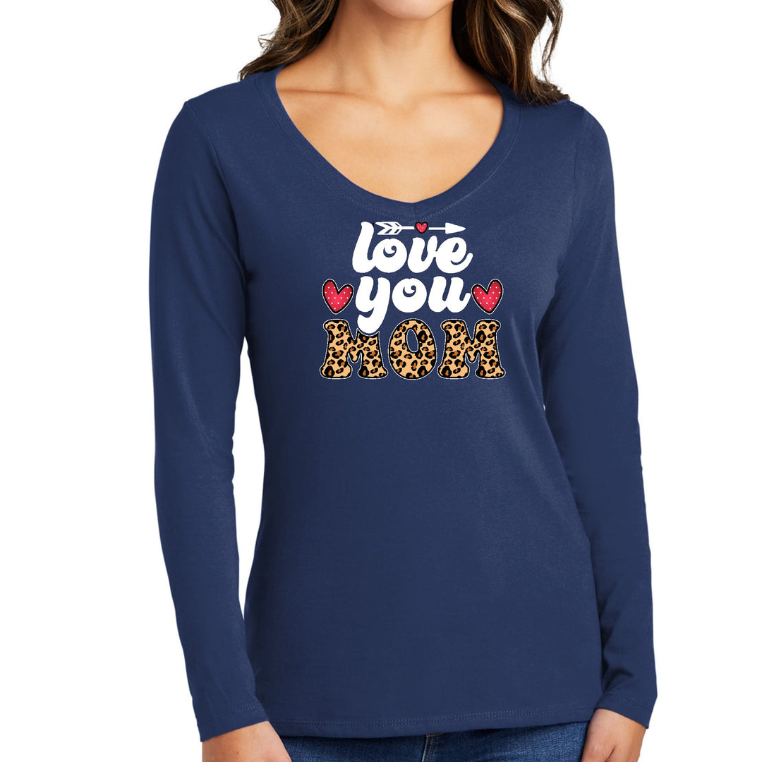 Womens Long Sleeve V-neck Graphic T-shirt Love you Mom Leopard Print - Womens