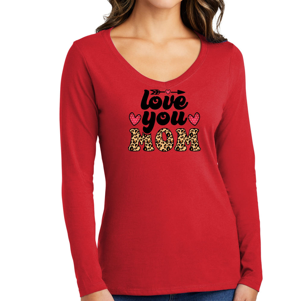 Womens Long Sleeve V-neck Graphic T-shirt Love you Mom Leopard Print - Womens