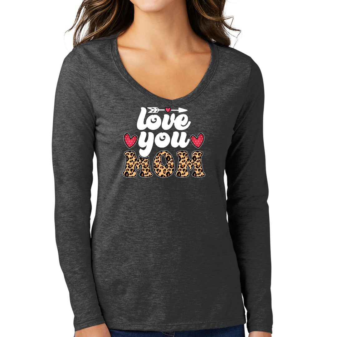 Womens Long Sleeve V-neck Graphic T-shirt Love you Mom Leopard Print - Womens