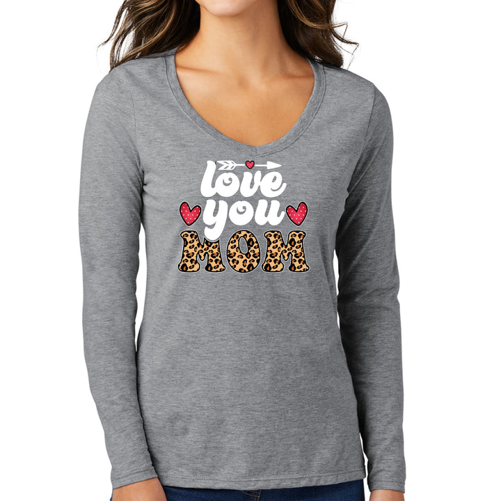 Womens Long Sleeve V-neck Graphic T-shirt Love You Mom Leopard Print - Womens