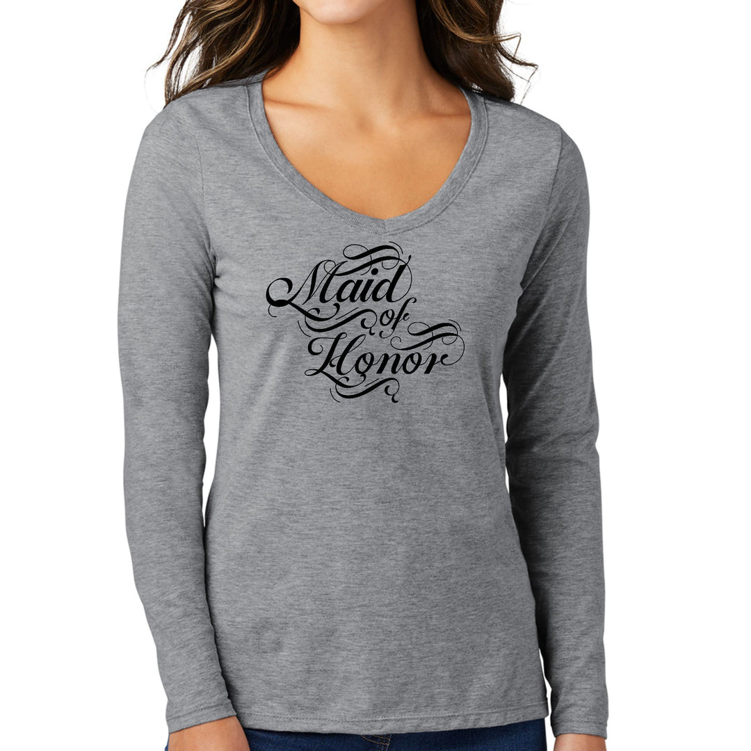 Womens Long Sleeve V-neck Graphic T-shirt Maid of Honor Wedding - Womens