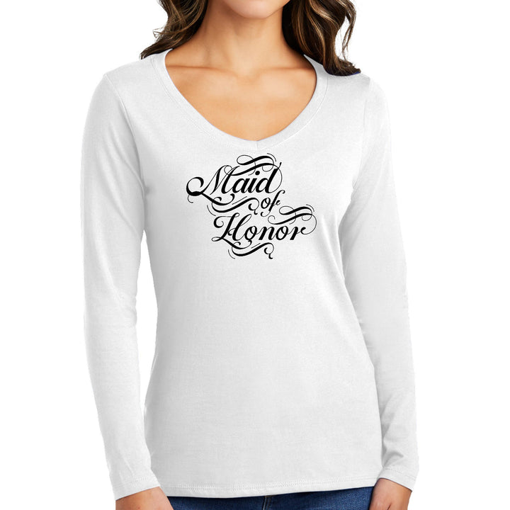 Womens Long Sleeve V-neck Graphic T-shirt Maid of Honor Wedding - Womens