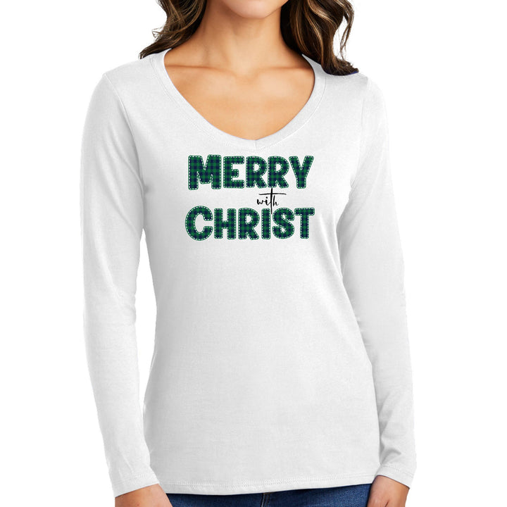 Womens Long Sleeve V-neck Graphic T-shirt Merry with Christ Green - Womens