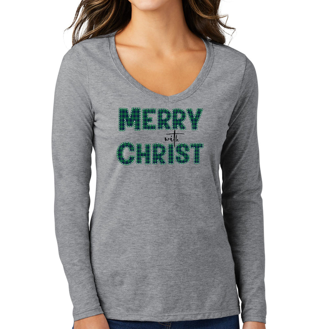 Womens Long Sleeve V-neck Graphic T-shirt Merry with Christ Green - Womens