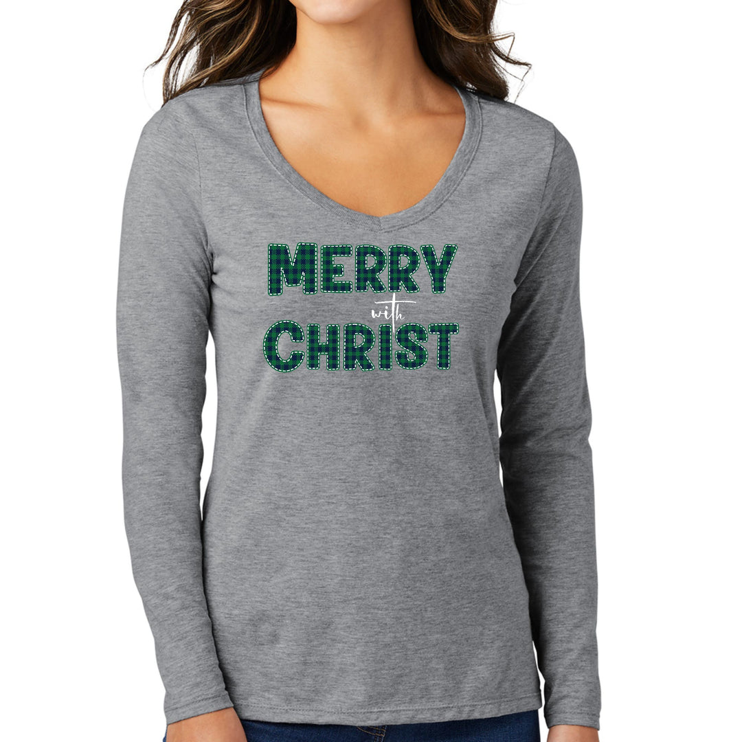 Womens Long Sleeve V-neck Graphic T-shirt Merry With Christ Green - Womens