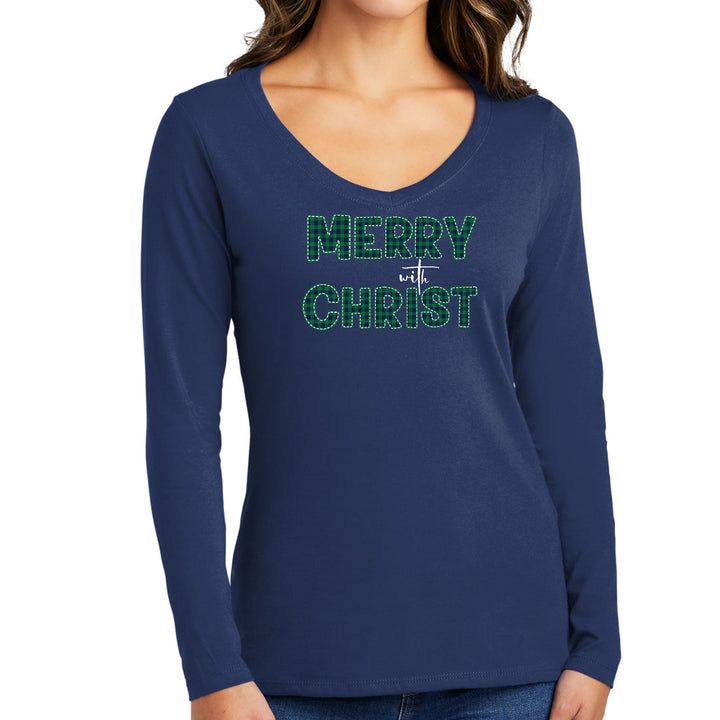 Womens Long Sleeve V-neck Graphic T-shirt - Merry with Christ - Green - Womens