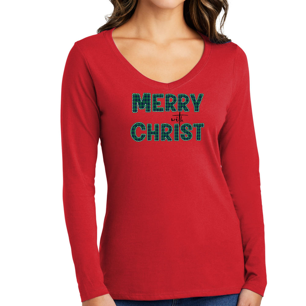 Womens Long Sleeve V-neck Graphic T-shirt Merry with Christ Green - Womens