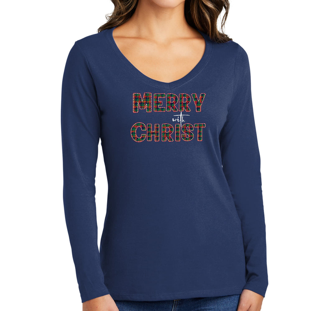 Womens Long Sleeve V-neck Graphic T-shirt - Merry with Christ - Red - Womens