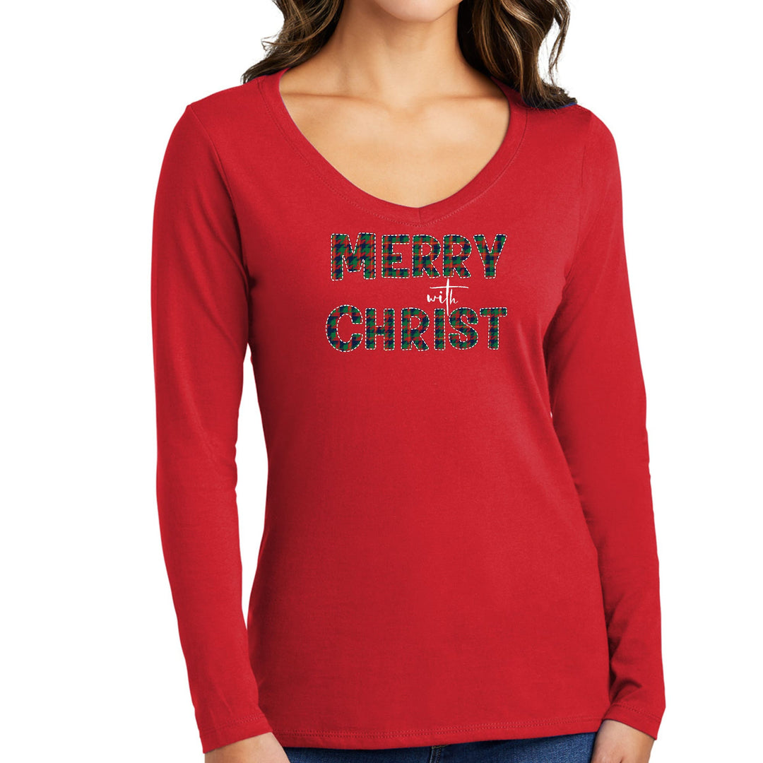 Womens Long Sleeve V-neck Graphic T-shirt - Merry with Christ - Red - Womens