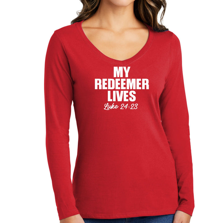 Womens Long Sleeve V-neck Graphic T-shirt My Redeemer Lives Print - Womens