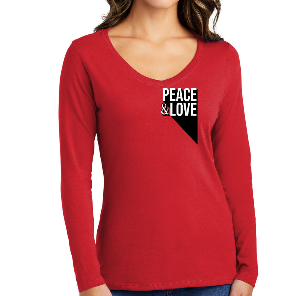 Womens Long Sleeve V-neck Graphic T-shirt Peace and Love Print - Womens