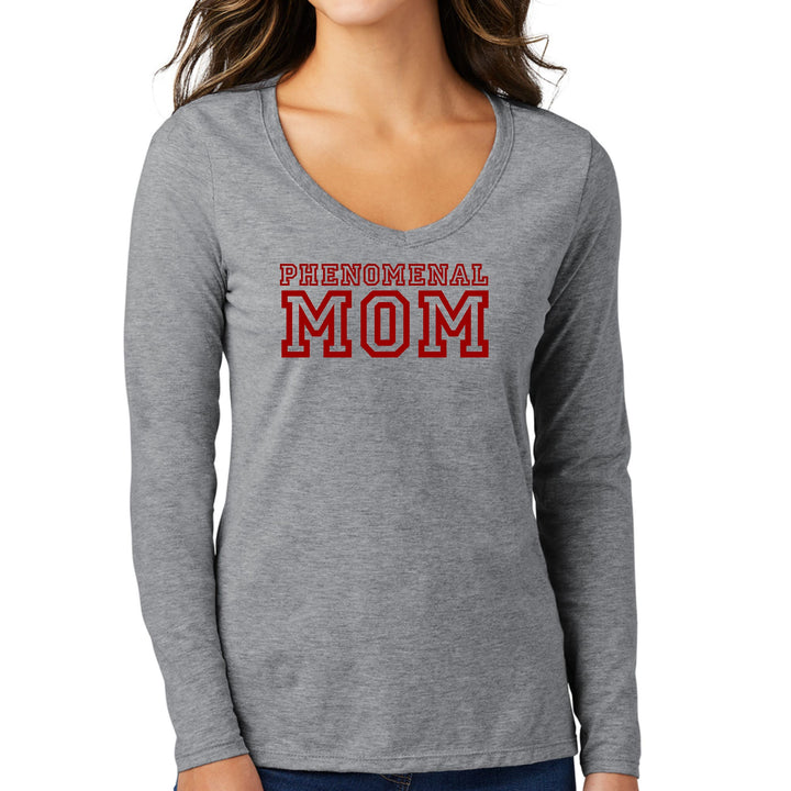 Womens Long Sleeve V-neck Graphic T-shirt - Phenomenal Mom Red Print - Womens