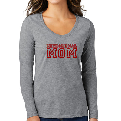 Womens Long Sleeve V - neck Graphic T - shirt Phenomenal Mom Red Print - Womens
