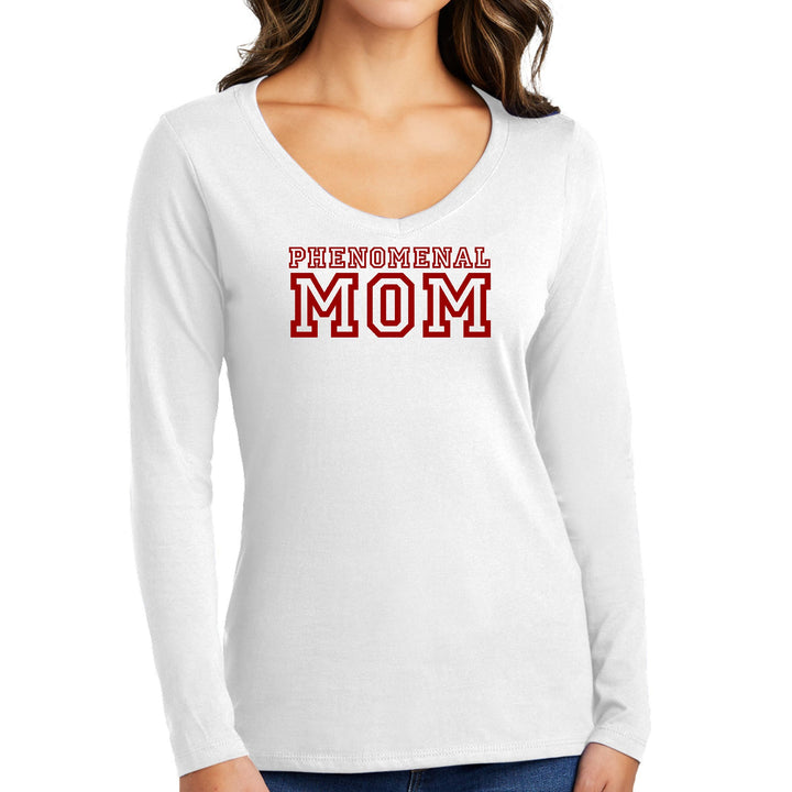 Womens Long Sleeve V-neck Graphic T-shirt - Phenomenal Mom Red Print - Womens