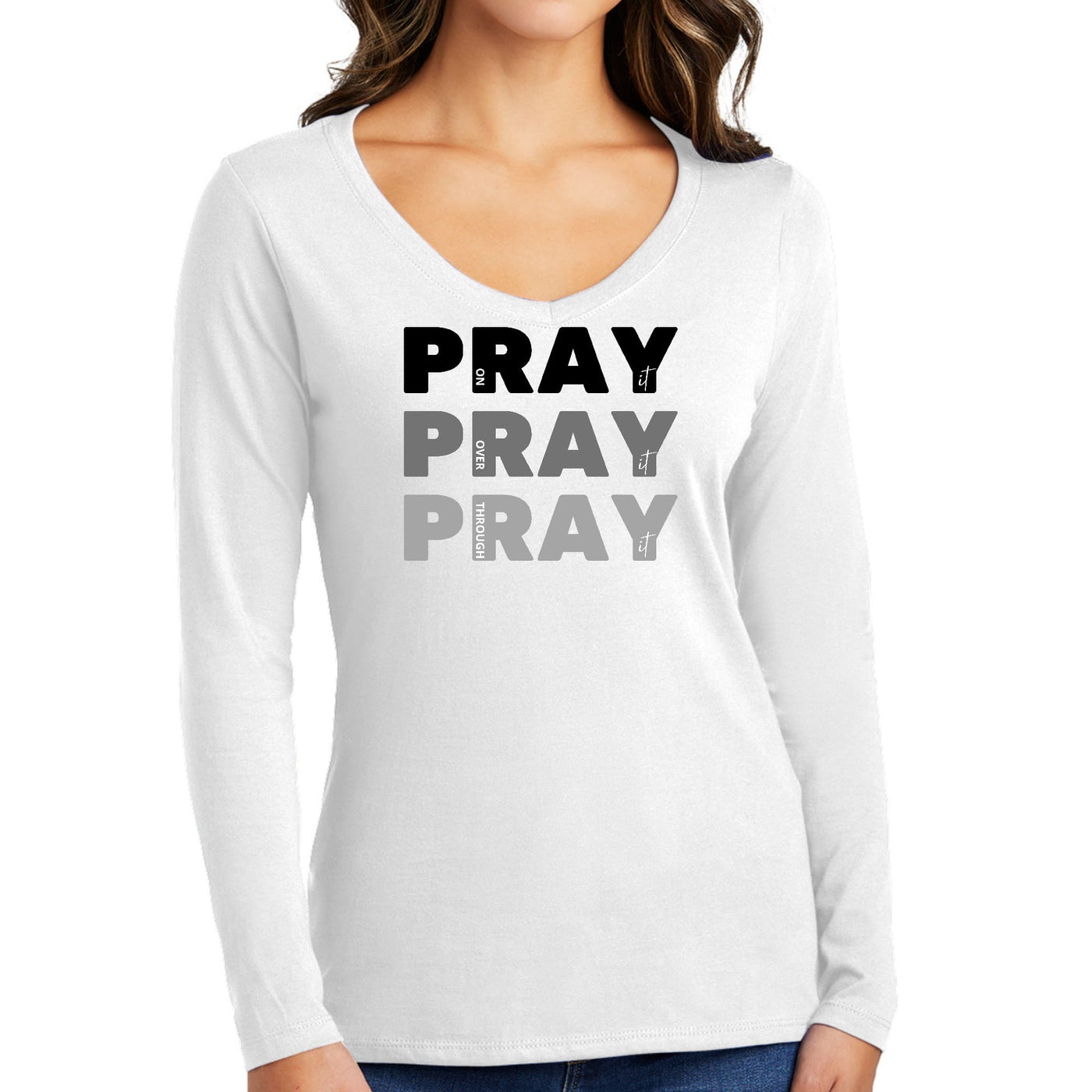 Womens Long Sleeve V-neck Graphic T-shirt Pray On It Over It Through - Womens