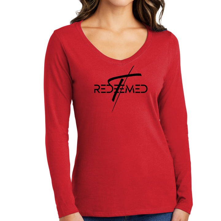 Womens Long Sleeve V-neck Graphic T-shirt - Redeemed Cross Black - Womens