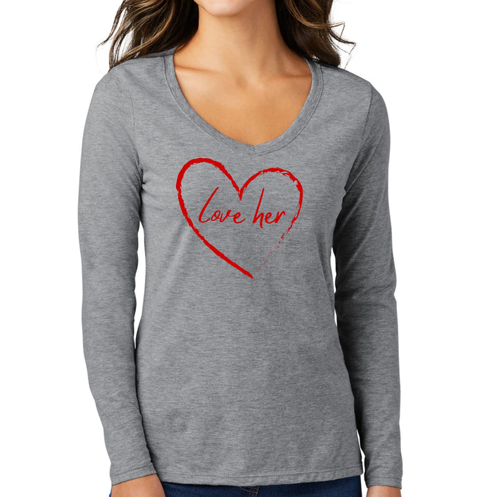 Womens Long Sleeve V-neck Graphic T-shirt - Say it Soul Love Her - Red