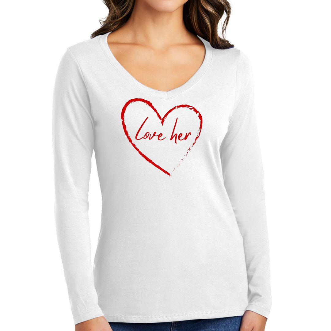 Womens Long Sleeve V-neck Graphic T-shirt Say it Soul Love Her Red - Womens