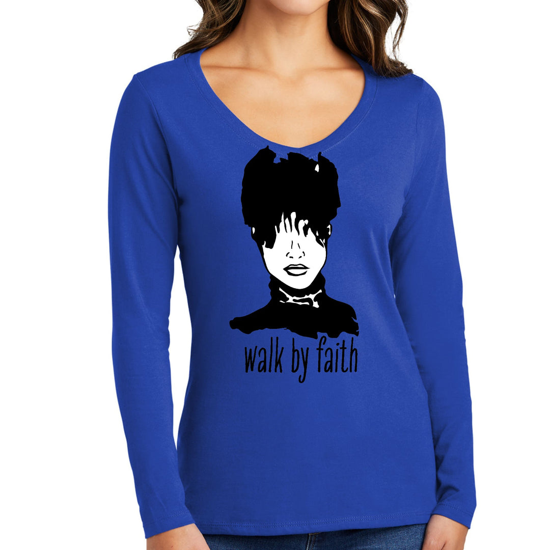 Womens Long Sleeve V-neck Graphic T-shirt Say it Soul Walk by Faith - Womens