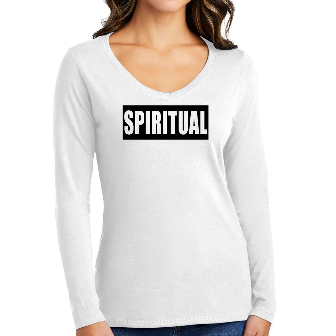 Womens Long Sleeve V-neck Graphic T-shirt Spiritual Black Colorblock - Womens