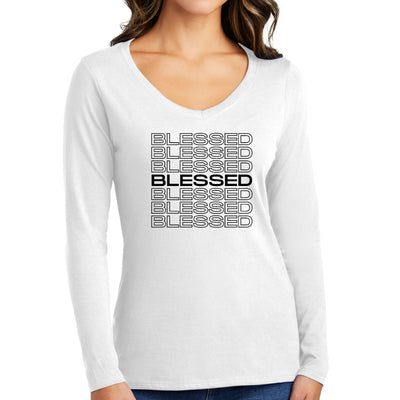 Womens Long Sleeve V - neck Graphic T - shirt Stacked Blessed Print - Womens