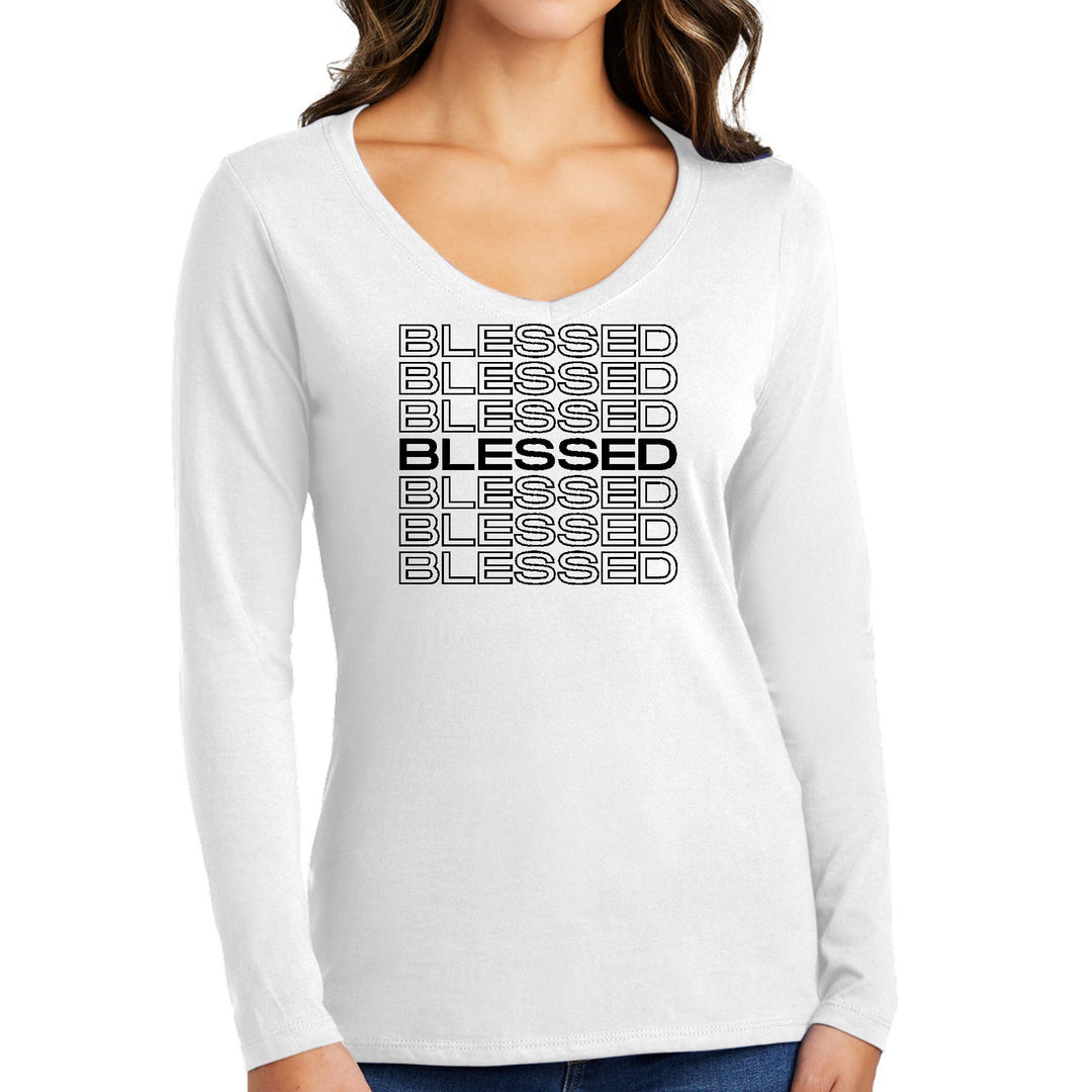 Womens Long Sleeve V-neck Graphic T-shirt Stacked Blessed Print - Womens