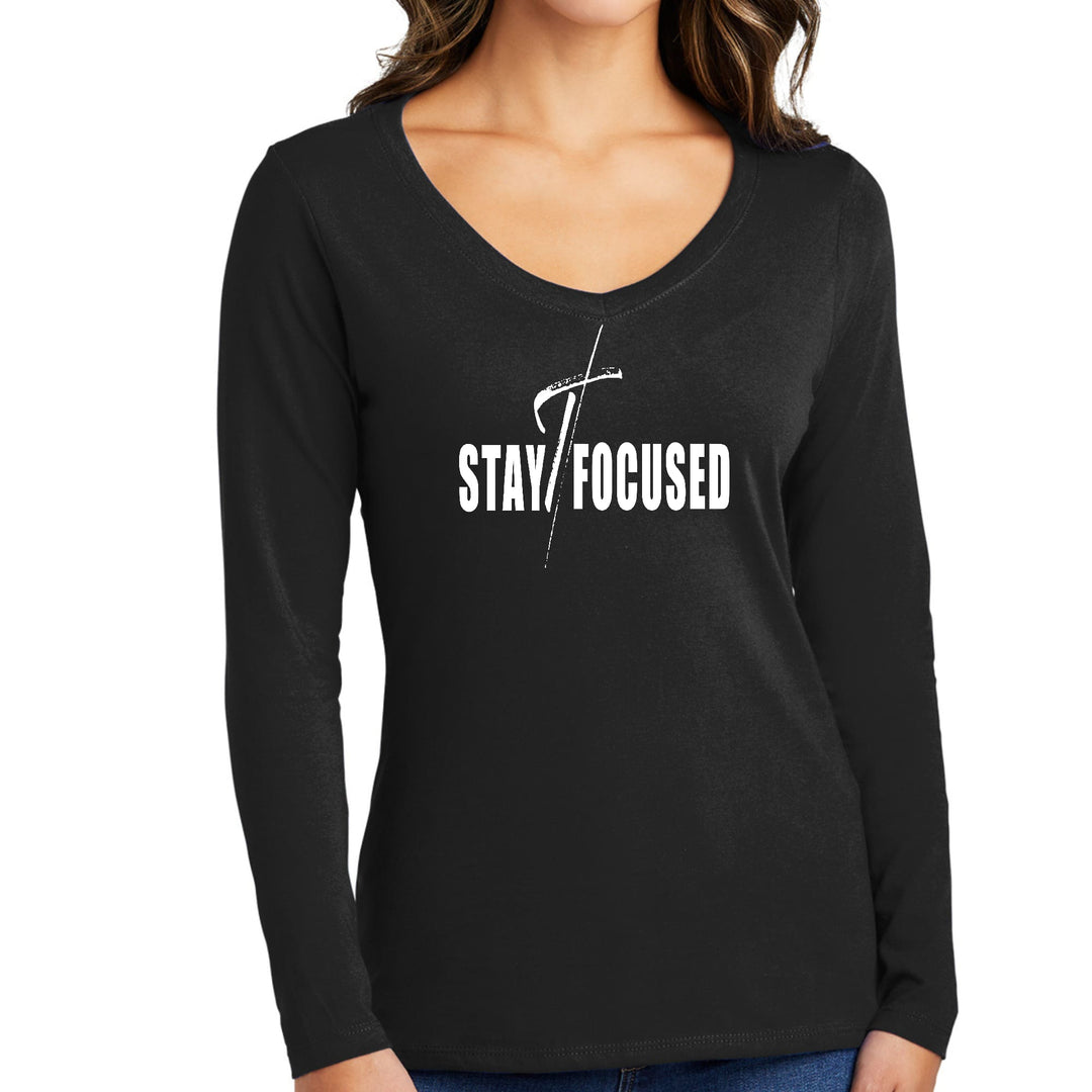 Womens Long Sleeve V-neck Graphic T-shirt Stay Focused White Print - Womens