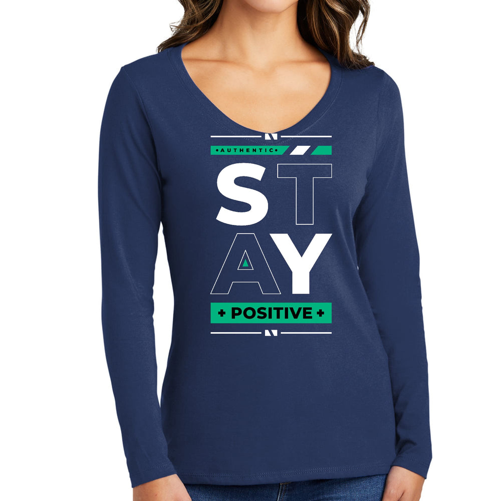 Womens Long Sleeve V-neck Graphic T-shirt Stay Positive - Womens | T-Shirts