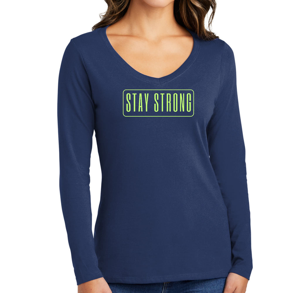 Womens Long Sleeve V-neck Graphic T-shirt Stay Strong Neon Print - Womens