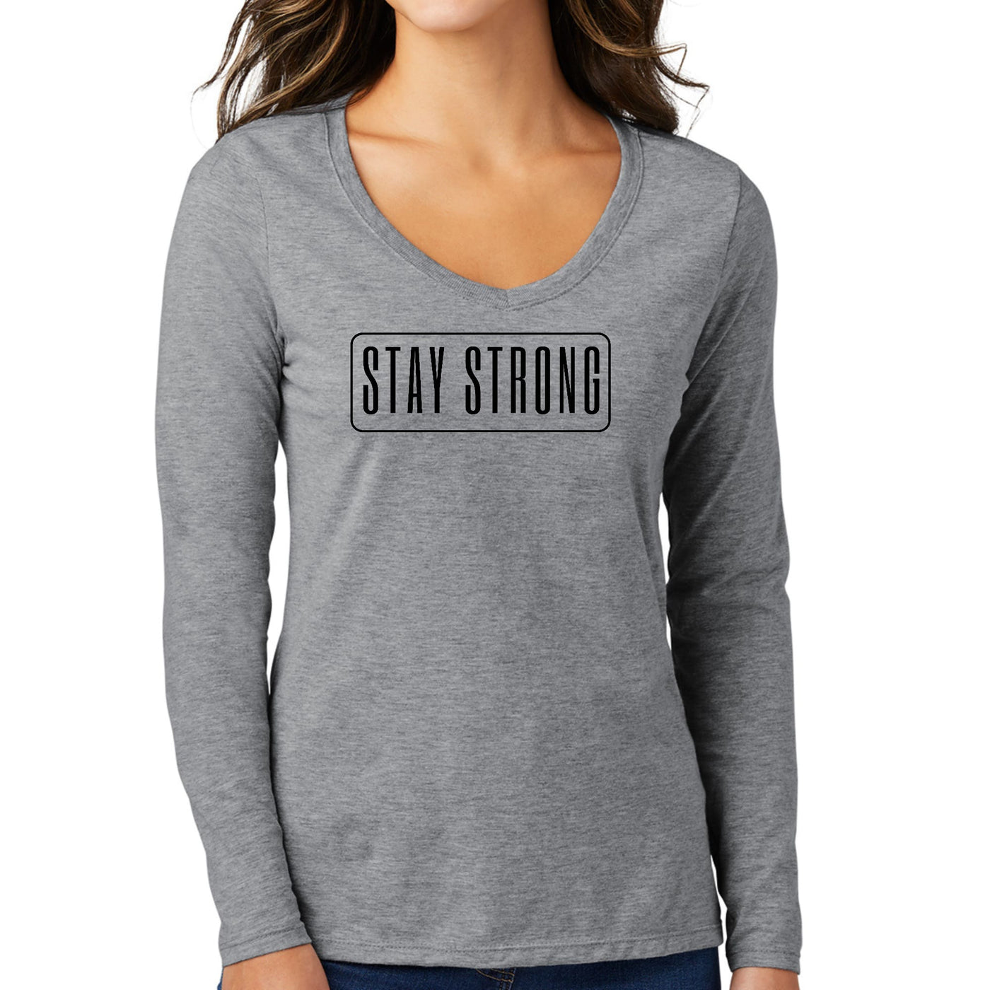 Womens Long Sleeve V-neck Graphic T-shirt Stay Strong Print - Womens | T-Shirts